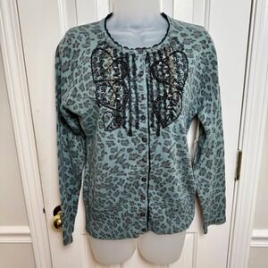Y2K Cici Tash Beaded‎ Leopard Cardigan Small Blue Embellished NWT Boho Glam